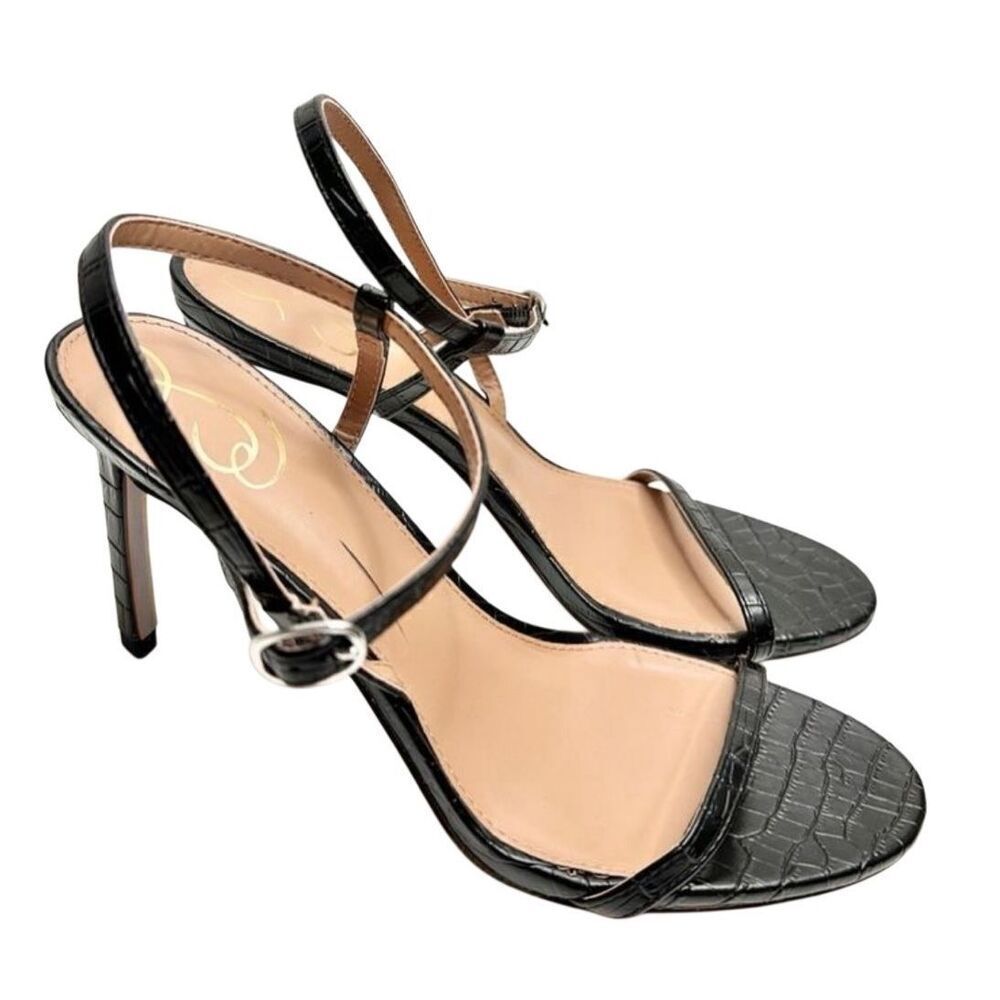 Sam Edelman Sandals Size 9.5 Black Croc Embossed Dara Open Toe Ankle‎ Strap